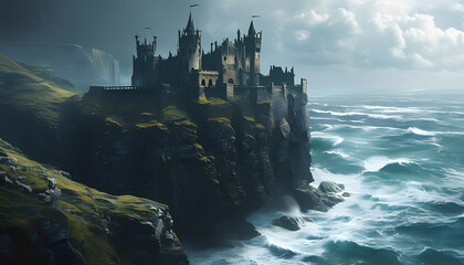 A majestic, ancient castle stands on a windswept cliff overlooking a stormy sea