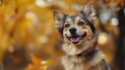 A cheerful dog against the backdrop of an autumn park. The dog has a joyful expression on his face, he smiles widely, showing his teeth.