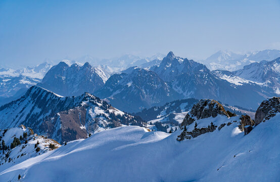 View on winter mpuntains from Rochers-de-Naye peak, Montreux, Alps.