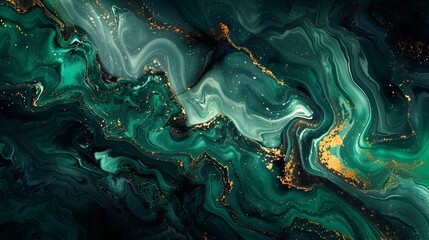 Abstract Green and Gold Swirling Liquid Art
