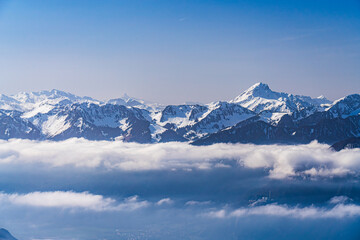 View on winter mpuntains from Rochers-de-Naye peak, Montreux, Alps.