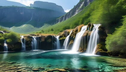 Fototapeta premium Tranquil cascading waterfalls flow into a crystal-clear pool surrounded by lush green mountains