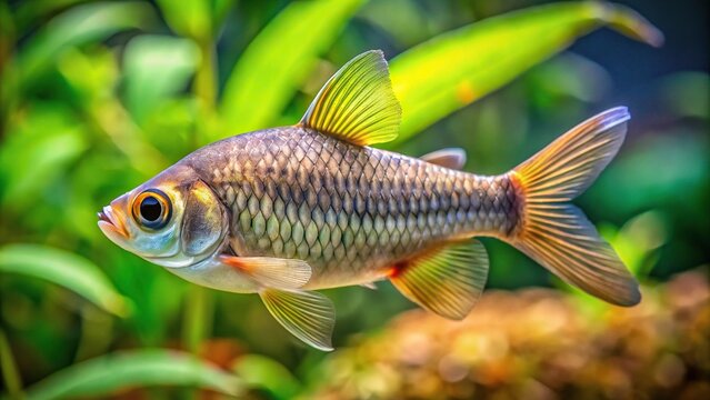 Fry of barb fish Pethia Conchonius in aquarium tank with plants, selective focus, shallow depth of field
