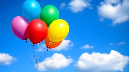 Fototapeta premium Colorful Helium Balloons Floating in a Bright Blue Sky with Wispy Clouds