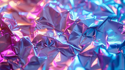 Close-up of Iridescent Crumpled Foil with Pink and Blue Lighting