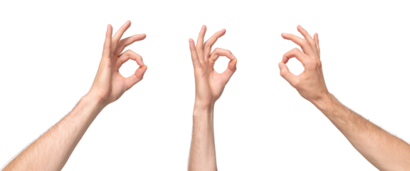Male hands showing the OK gesture by joining the thumb and index finger in a circle, meaning agreement or approval, isolated on transparent background, png file
