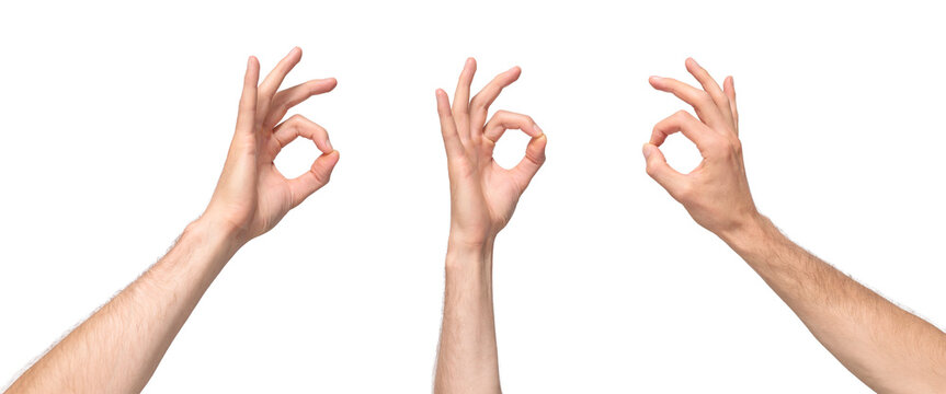 Male hands showing the OK gesture by joining the thumb and index finger in a circle, meaning agreement or approval, isolated on transparent background, png file