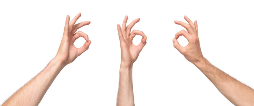 Male hands showing the OK gesture by joining the thumb and index finger in a circle, meaning agreement or approval, isolated on transparent background, png file