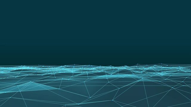 Flying through blue digital plexus particles. Abstract background with glowing lines and dots. Network, connection, communication 3d animation concept. Also suitable for technology, science theme.