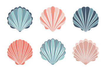 Set of scallop shell logos. Collection of isolated colored scallop silhouettes on white background. Illustration
