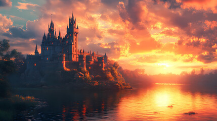 Naklejka premium old castle with fantasy sunset