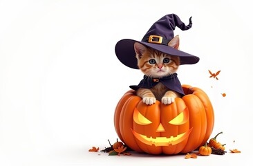 halloween background with a cat coming out of a pumpkin. Cartoon cute cat in a witch costume for Halloween, on white background. idea for greeting card or kid t-shirt