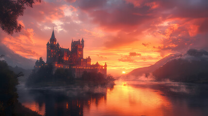 Naklejka premium old castle with fantasy sunset