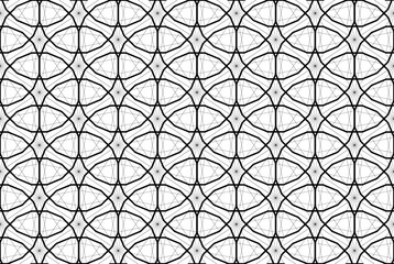 Repeating geometric pattern in black outline made from thin crossing straight lines and a 16-sided hexadecagon shape	