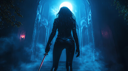 Obraz premium An elegant vampire hunter girl stands at the entrance of a huge Gothic estate lit by a bright full moon in a leather suit and magic saber