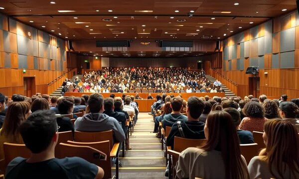 A large auditorium filled with people sitting in rows of chairs Video