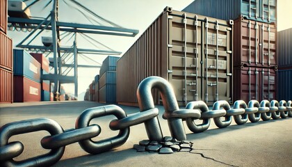Naklejka premium Strong Metal Chain Breaking Concrete at Shipping Container Port