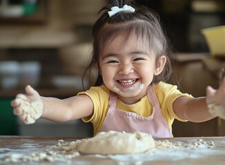 A little girl is happy kneading dough