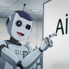 An anime-style positive robot ponting AI