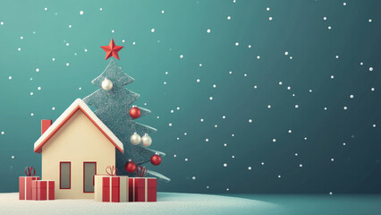 Fototapeta premium A miniature Christmas tree with gifts and a small house, placed on snow with a blue background.