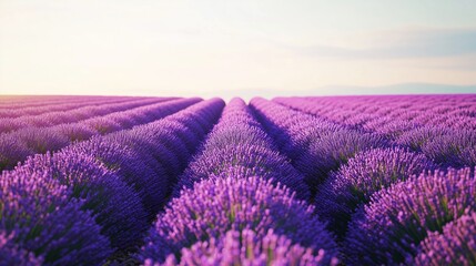 Obraz premium Expansive lavender field blooming under a clear sky at dusk, showcasing vibrant purple rows and a tranquil landscape