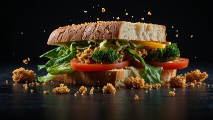 floating vegetable sandwich with bread crumbs in the air on a black gradient background, tomatoes, lettuce, cucumbers, a piece of chicken