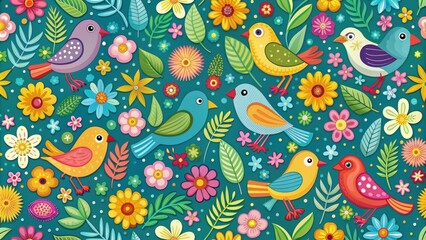 Fototapeta premium Seamless pattern featuring colorful birds and flowers, birds, flowers, seamless, pattern, nature, wildlife, vibrant, design