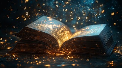Open Book Glowing With Golden Light and Symbols