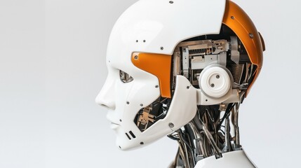 Fototapeta premium Close-up side view of a humanoid robot with exposed mechanical components, featuring a white and orange exterior design, against a neutral background.