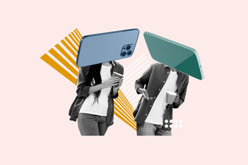 Composite collage picture image of young couple friends walk device modern technology instead head promo fantasy billboard comics minimal