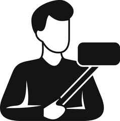 Young man is holding a selfie stick with empty screen for live streaming or video call