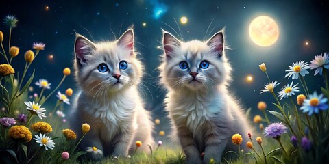 In stunning night photography, two Ragdoll kittens are mesmerized beneath a starry sky, creating a magical scene that enchants all who behold it.
