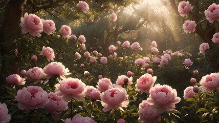 Obraz premium garden full of pink peonies in full bloom, with light falling through the treetops.