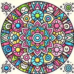 Colorful Mandala Pattern with Geometric Shapes and Flowers