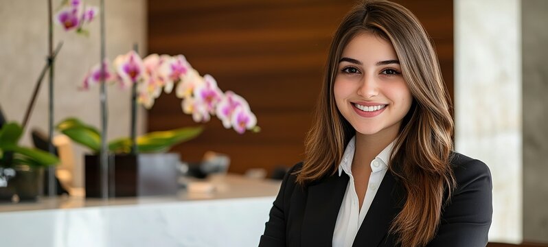 A young female receptionist at an elegant hotel front desk, smiling and welcoming guests.