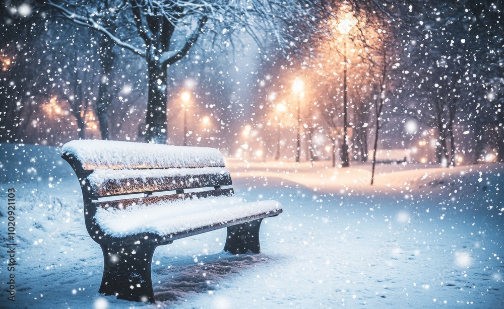 Wall mural Wintertime wooden bench and concrete garbage can on the street or in a park covered with snow