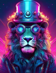 Fototapeta premium Cyberpunk lion with huge glasses and futuristic steampunk hat in sci-fi dystopia style, high contrast, hyper realistic, fantasy, bright colors, neon, purple, pink, blue