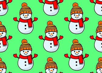 Winter pattern with a snowman on a green background. Set with a snowman. Snowman in a hat and scarf. 