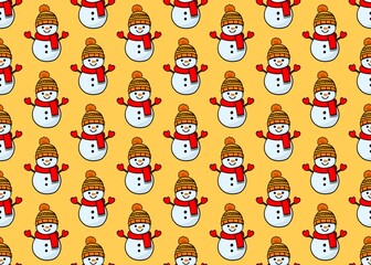 Winter pattern with a snowman on a yellow background. Set with a snowman. Snowman in a hat and scarf.