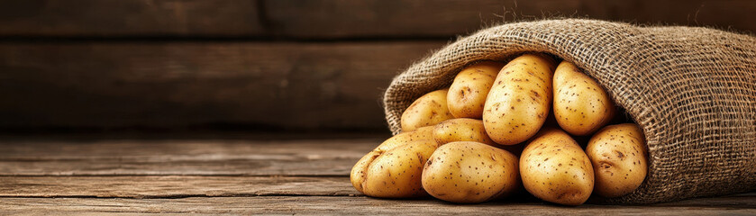 Fresh organic potatoes spilling from burlap sack onto rustic wooden floor, creating warm and inviting atmosphere. Perfect for culinary themes or farm related projects