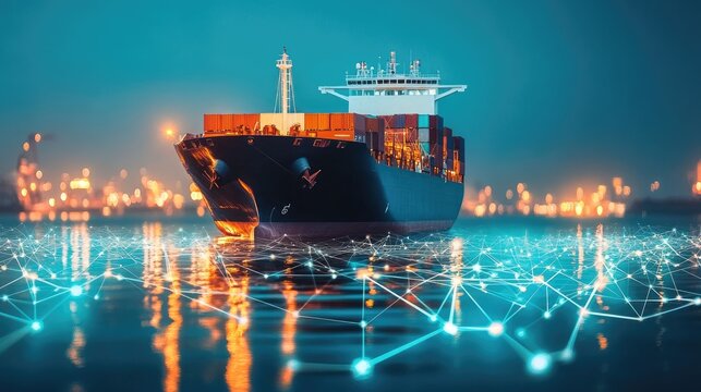 Container ship at sea with digital network links, digital trade network connection concept, global shipping industry