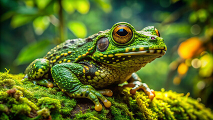 Fototapeta premium stunning bright green Vietnamese mossy frog perched on lush moss, showcasing its unique texture and vibrant colors in natural setting. This captivating amphibian exudes sense of tranquility and