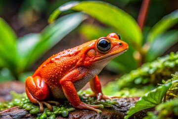 Obraz premium Bright orange frog perched on mossy log surrounded by lush green foliage, showcasing vibrant colors and intricate textures in natural setting
