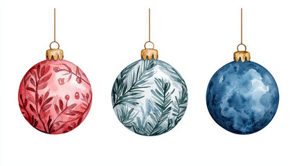 Beautifully designed Christmas baubles in red, green, and blue, featuring intricate botanical patterns. Perfect for adding festive touch to holiday decor