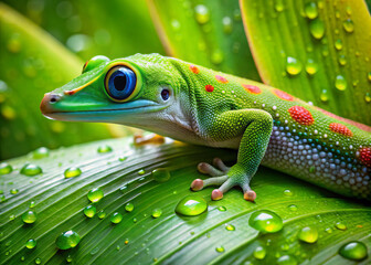 Fototapeta premium vibrant green gecko with striking blue eyes and red spots rests on lush green leaves adorned with water droplets, showcasing beauty of tropical nature