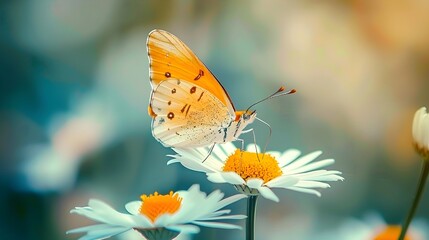 Obraz premium Orange Butterfly on White Daisy Flowers in Nature