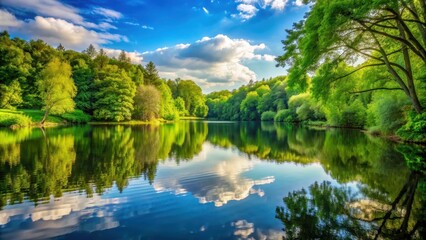 Obraz premium A serene and peaceful background of a tranquil lake surrounded by lush green trees , nature, landscape, water, trees