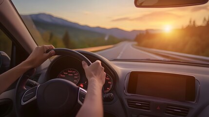 Naklejka premium Scenic Mountain Road at Sunset During Road Trip Adventure