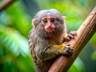 Naklejka premium Smallest monkey clinging to tree branch, showcasing its expressive eyes and furry coat. This adorable creature is surrounded by lush greenery, creating vibrant natural setting