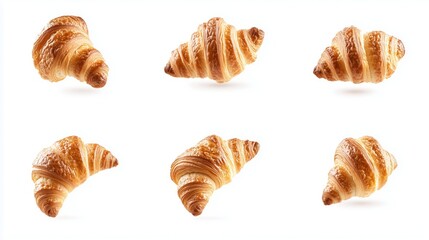 Minimalist Arrangement of Six Golden-Brown Croissants on White Background